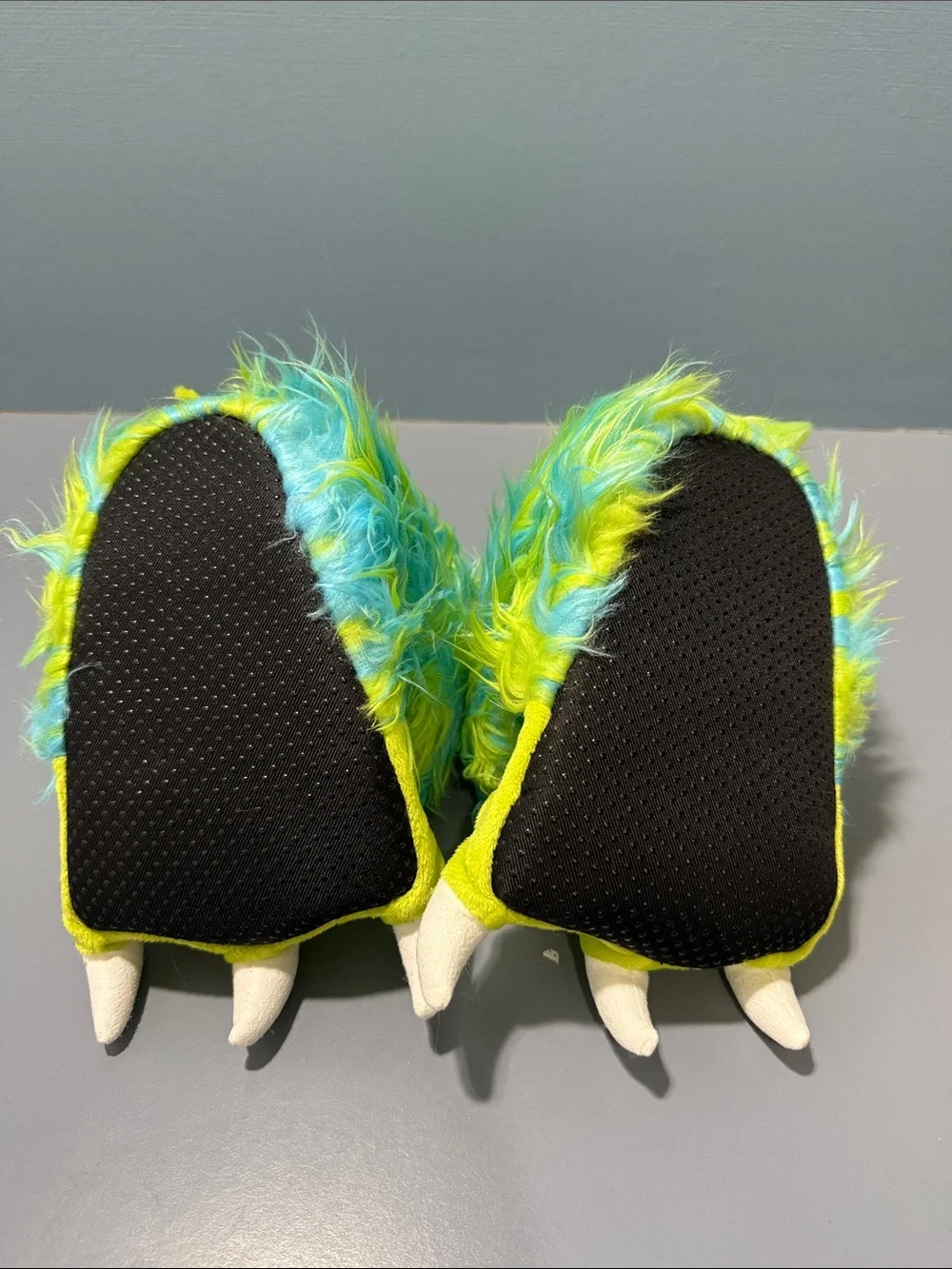 Lazy One Kids Monster Claw Slippers in Lime Green & Aqua Fur